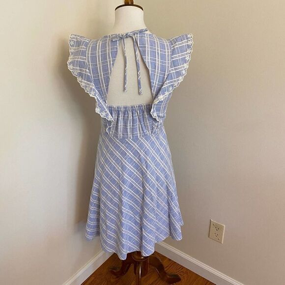 Draper James Linen Blend Embroidered Eyelet Blue Pinafore Ruffle Dress Size 2 - Picture 2 of 5